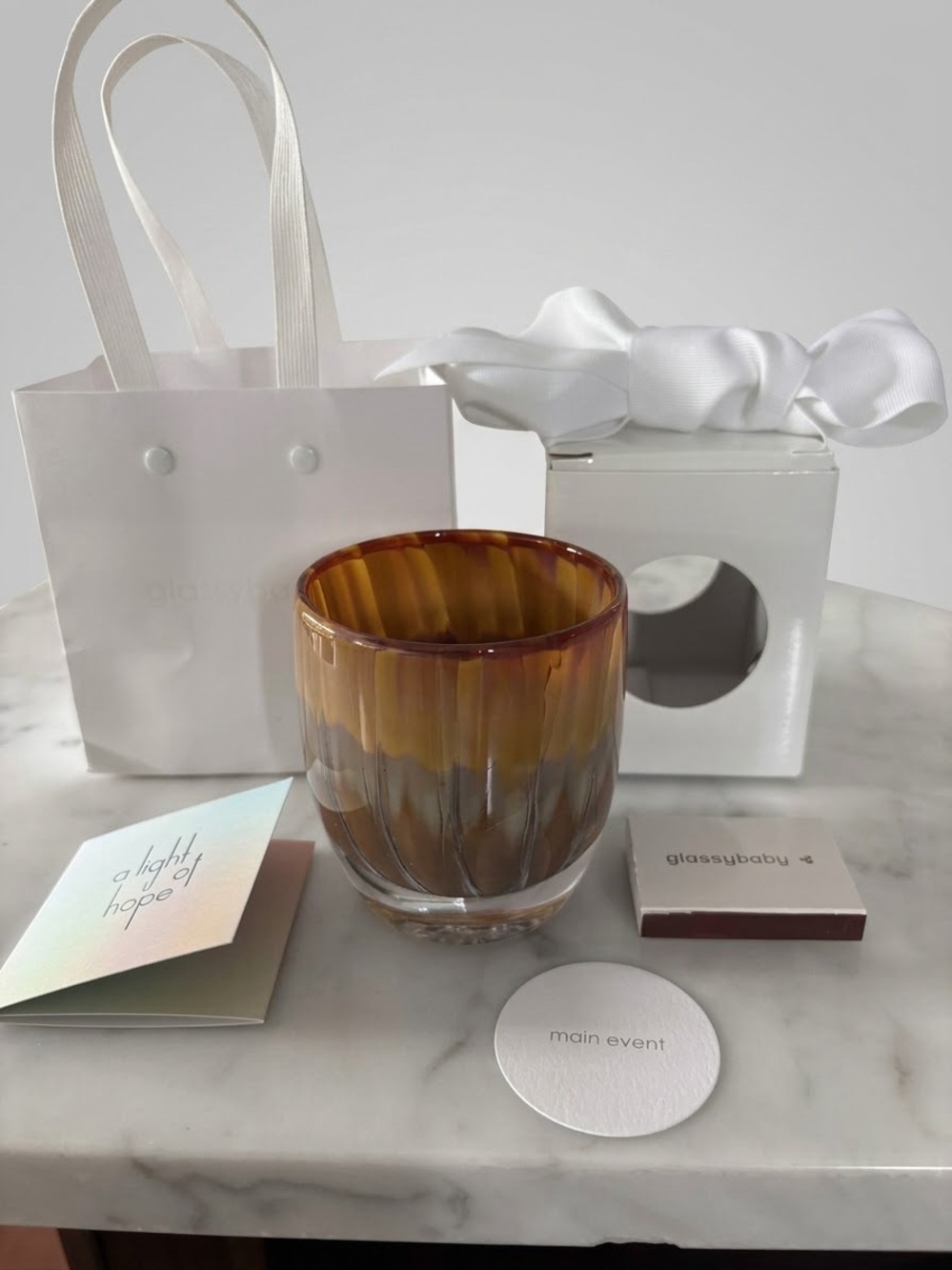 NIB Glassybaby Main Event Handblown Glass Votive Box Bag Tag Set